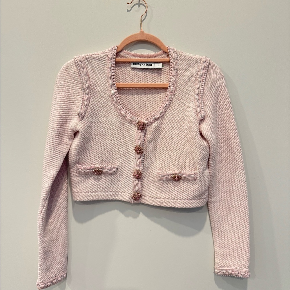 SOLD Self-Portrait Baby Pink Knit Crop Cardigan | XS | Pearl Button Detail - Picture 4 of 11